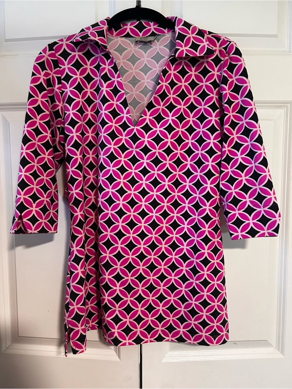 Katherine Way Pink and Black Geometric V-Neck Tunic Blouse